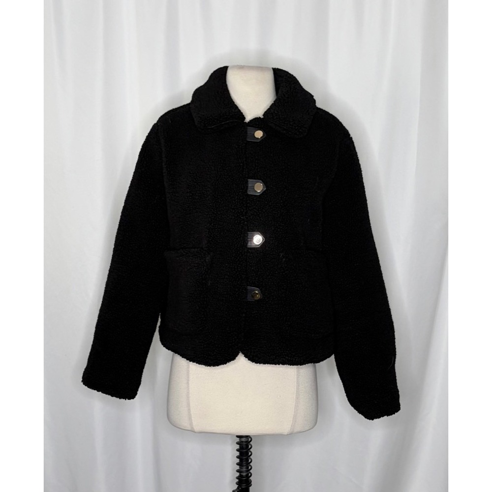 ZARA Black Sherpa Fuzzy Fleece Teddy Coat‎ Faux Shearling Snaps Pockets Small - Picture 3 of 16